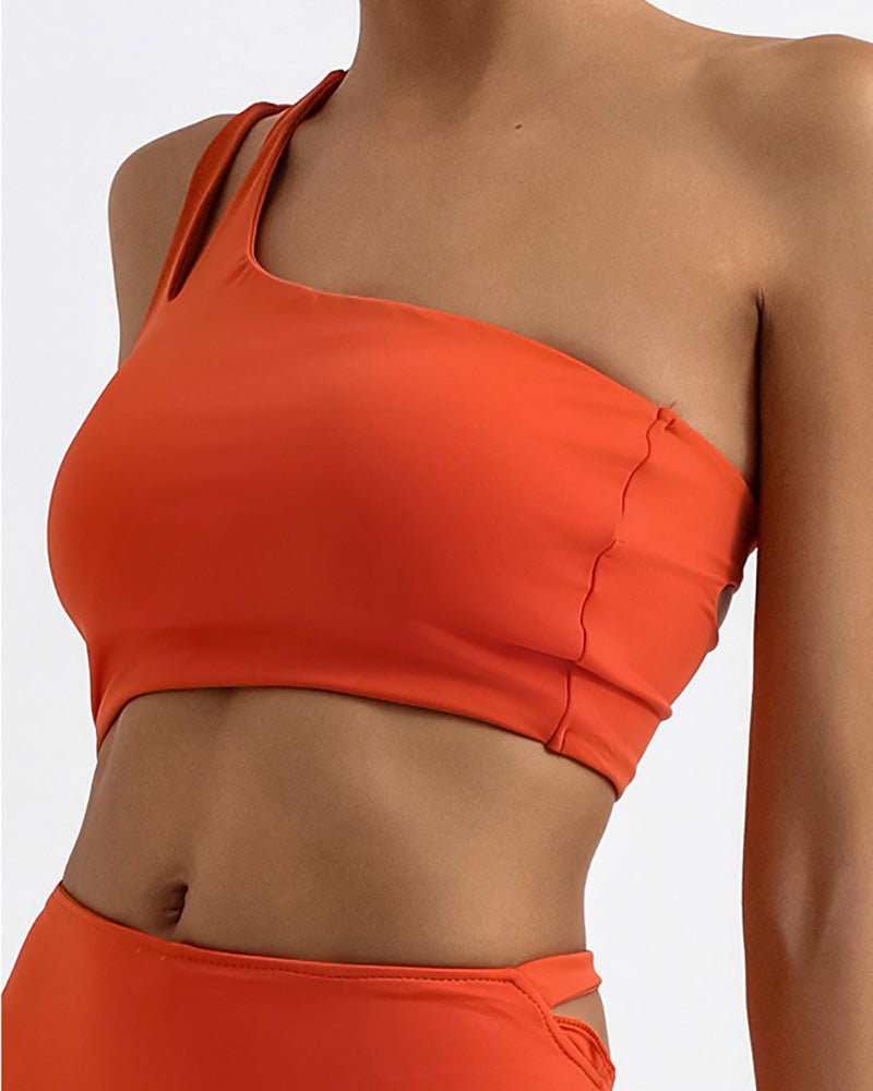 Women One Shoulder Back Criss Cross Quick-Drying Sports Bra Orange Khaki Black White S-L