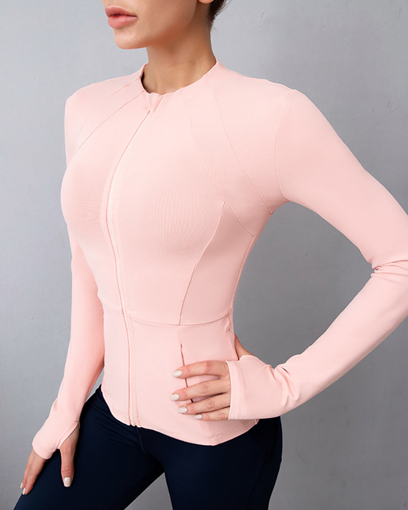 Ladies Fashion Round Neck Workout Long Sleeve Pockets Zipper Tght-Fitting Slimming Sports Fitness Yoga Top S-XL Coat