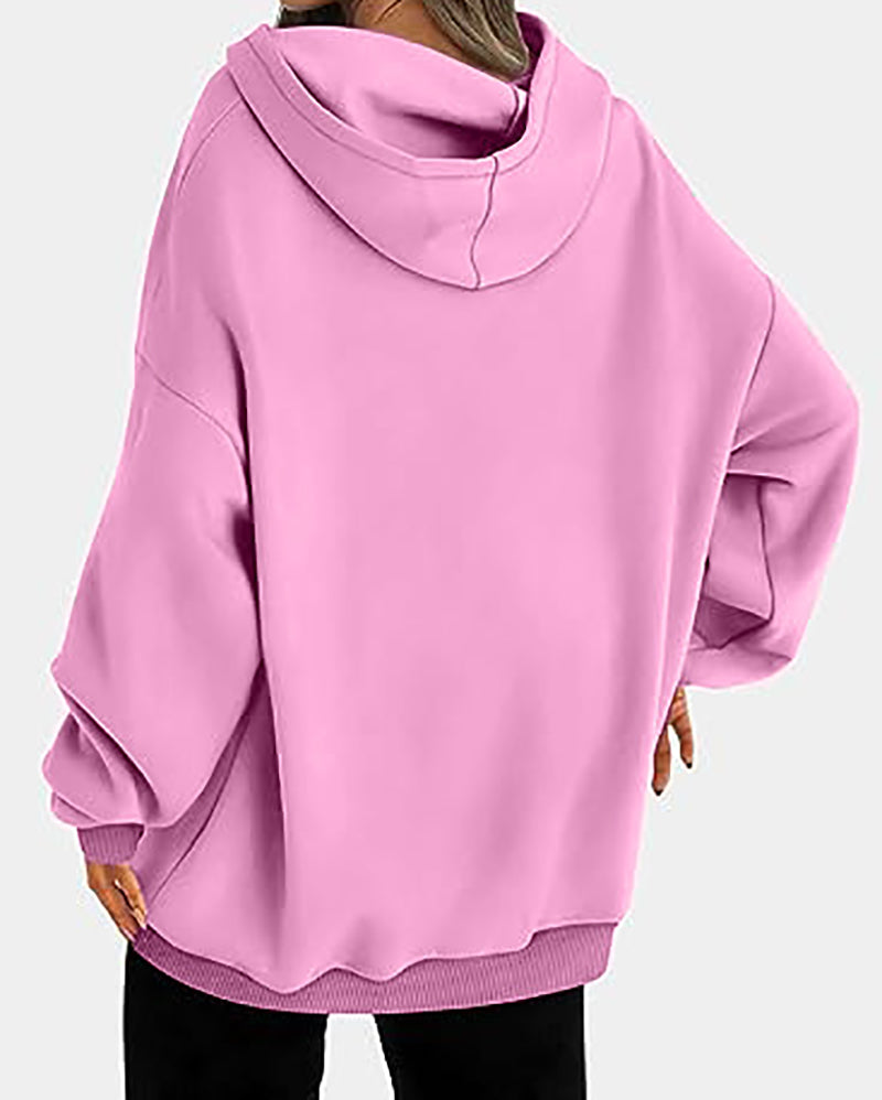 Women Long Sleeve Solid Color Hooded Loose Pullover Tops S-XL