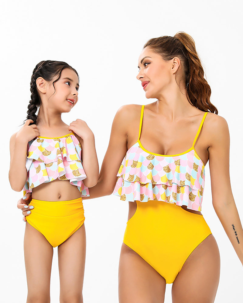 Fashion New Graphic Printed Ruffled Halter bikini mother and daughter swimming suit