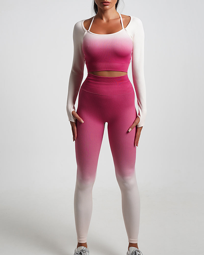 Women Long Sleeve Seamless Gradient Sports Yoga Two Piece Sets (With Pad) S-L Pants sets