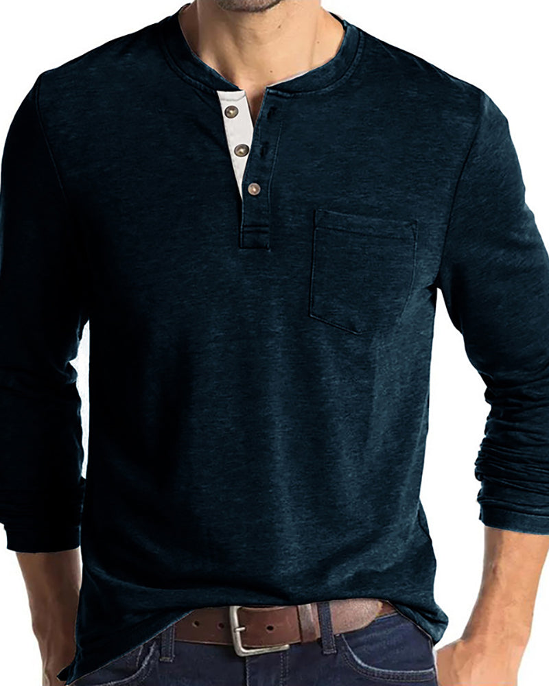 Mens Long Sleeve Button Neck Pocket Solid Color Basic Autumn T-shirt S-2XL