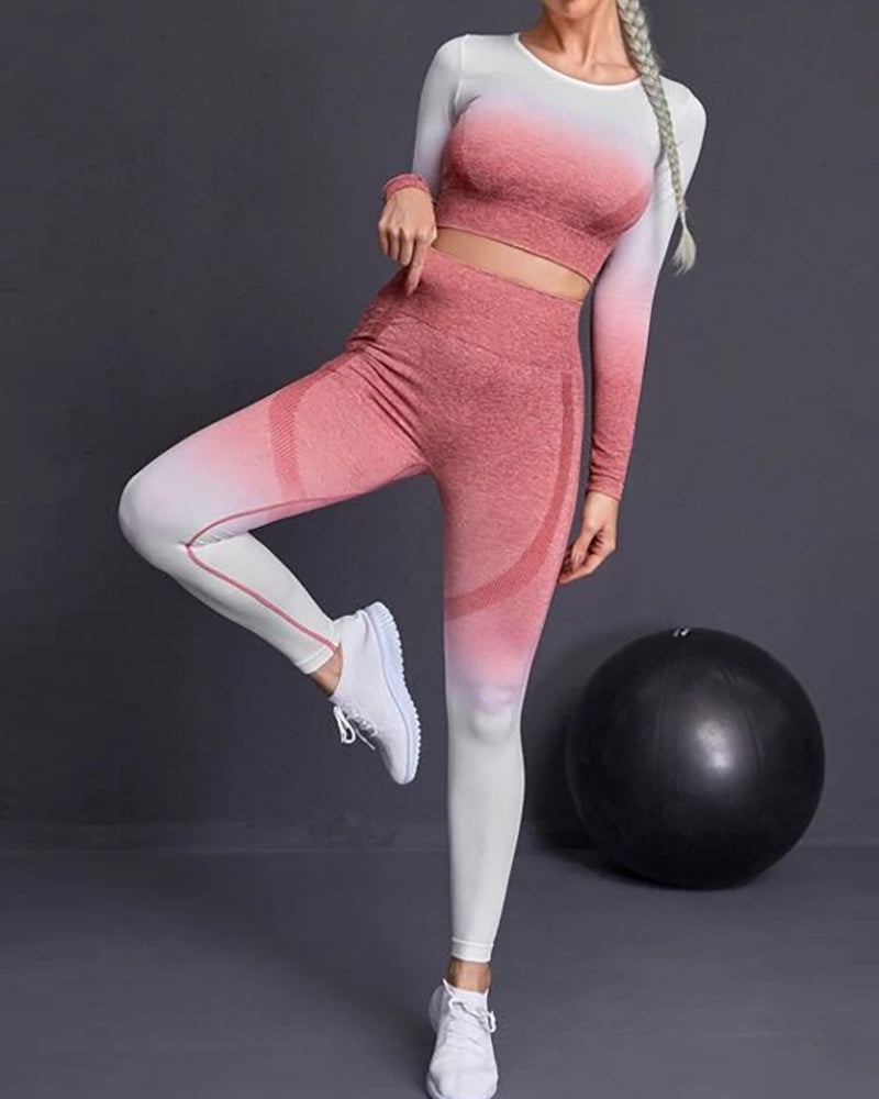 New Women Long Sleeve Gradient Sports Yoga Fitness Two-piece Sets S-L