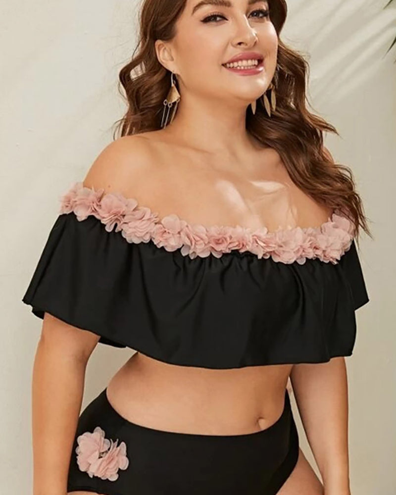 Women Off Shoulder Two Piece Sexy Plus Size Swimwear Black Red L-4XL