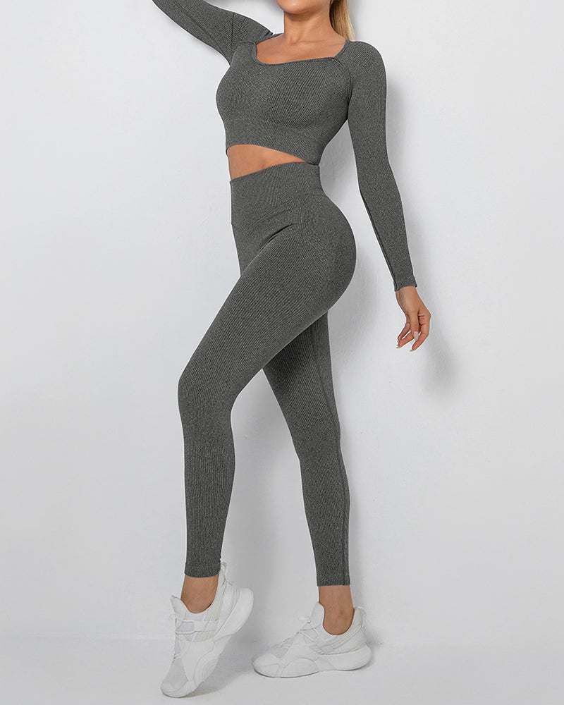 Yoga Seamless Fitness Wear Long Sleeve Sports Suits Two-piece Sets S-L Pants Sets