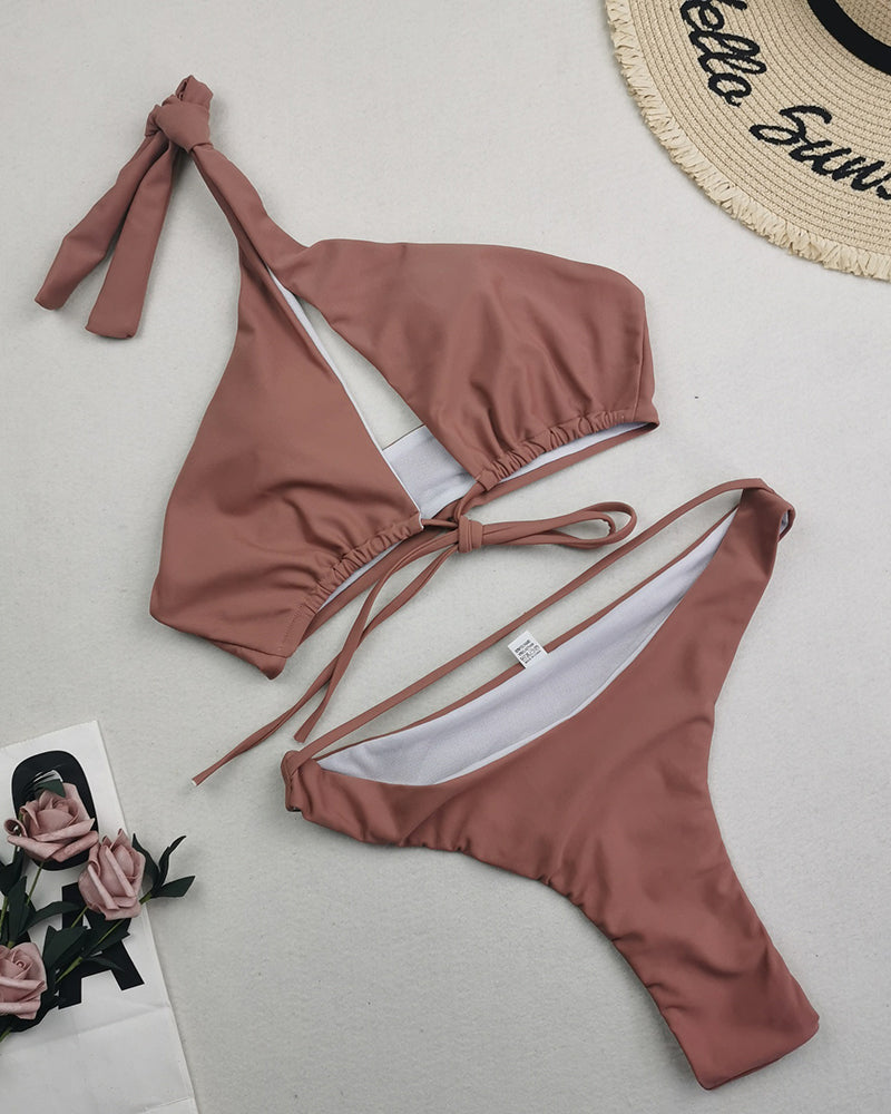 Ladies Fashion New Swimsuit Solid Color Sexy Two Piece Bikini Swimwear S-XL