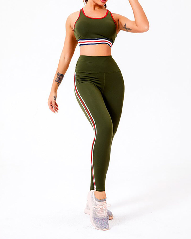 Stripe Yoga Workout Pants Set Women Gym Clothes Sportswear Leggings Suit for Fitness Sport Outfit Active Wear Black Green Nylon