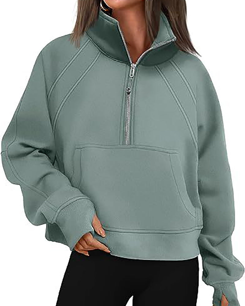 Half Zipper Long Sleeve Pocket Sweater Stand Neck Pullover Top S-XL