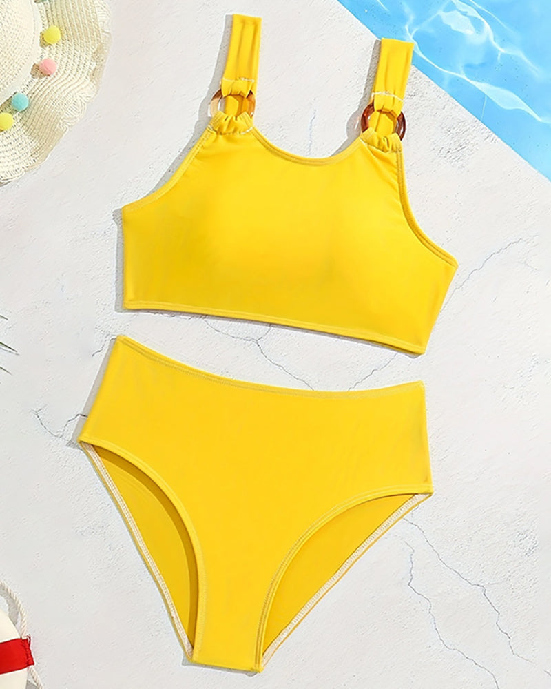 Solid Color High Waist Kid Two Pieces Sets Swimwear Yellow 140-170