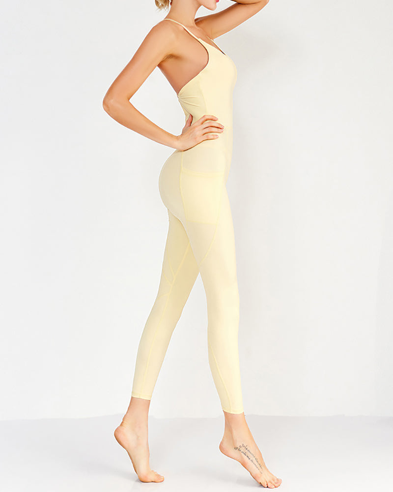 Yoga Backless Ballet Dance Jumpsuit Yoga Fitness with Chest Pad Solid Color S-XL