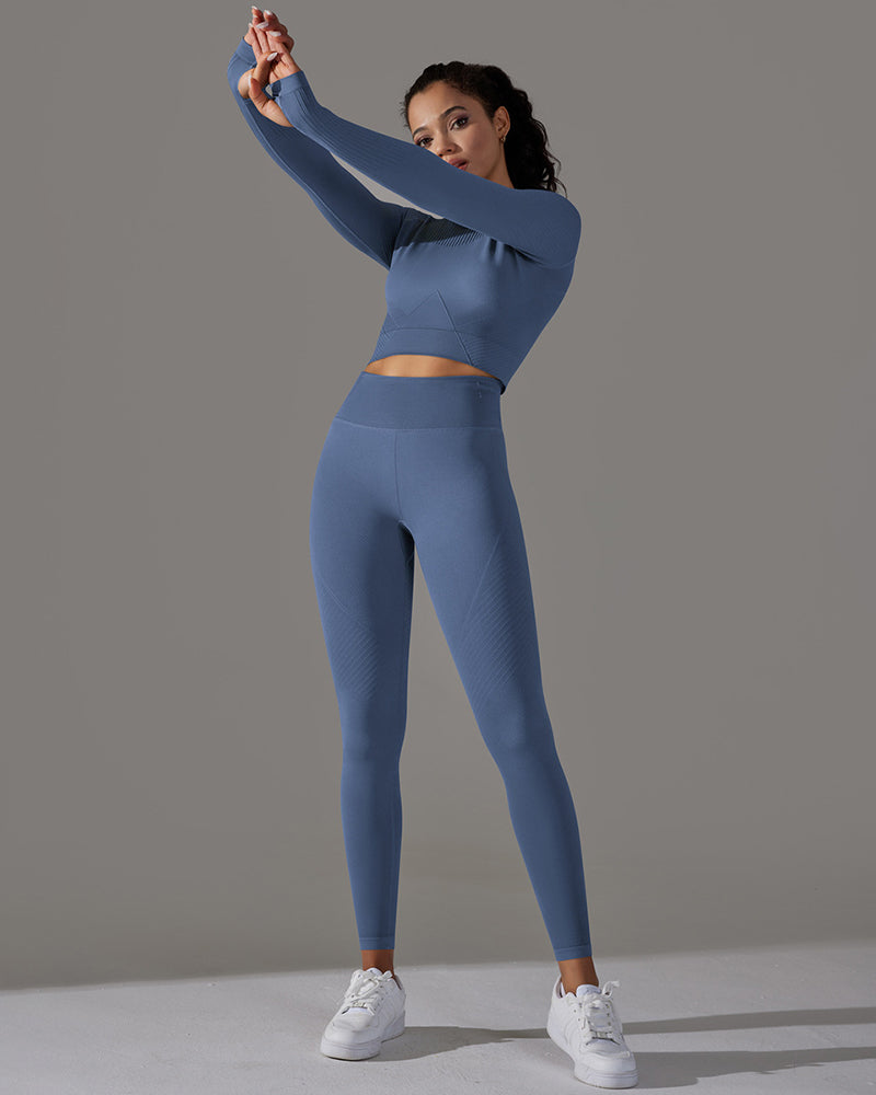 Woman O Neck Seamless Long Sleeve Knit Solid Color Yoga Pants Running Two Piece Sets S-L