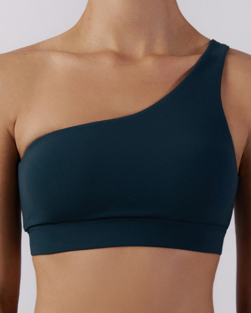 Elegant One Shoulder Strap Yoga High Elastic Bra Dark Green White Black S-L