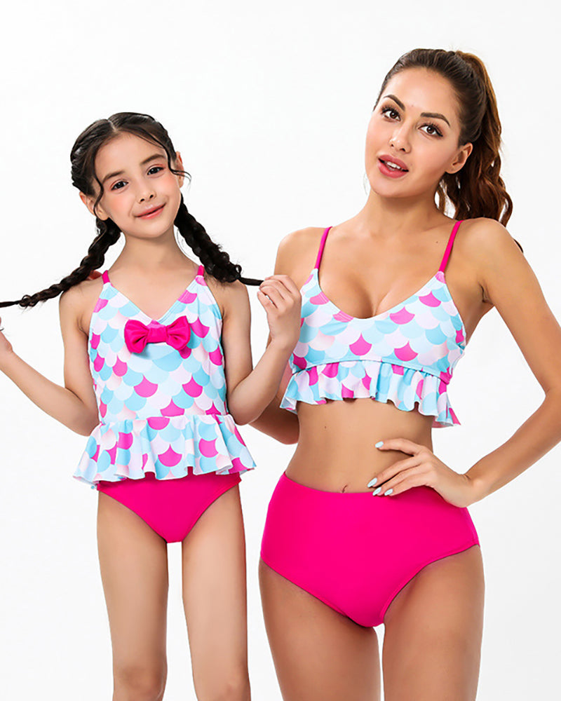 Fashion New Graphic Printed Ruffled Sling Triangle High Waist Two-Piece Bikini Mother and Daughter Swimwear Adult S-Adult XL Child 104-Child 164