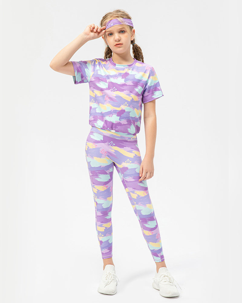 Kids Girls Tie-dye Short Sleeve Sports T-shirt Slim Fitness Leggings Sets Two Piece Yoga Sets 120-150