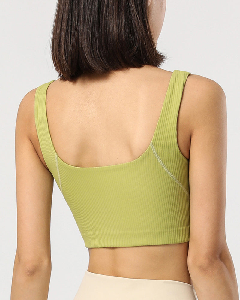 New Women Wide Shoulder Fixed Cup Ribbing Yoga Tops Sports Bra Gray Brown Pink Green Black S-2XL