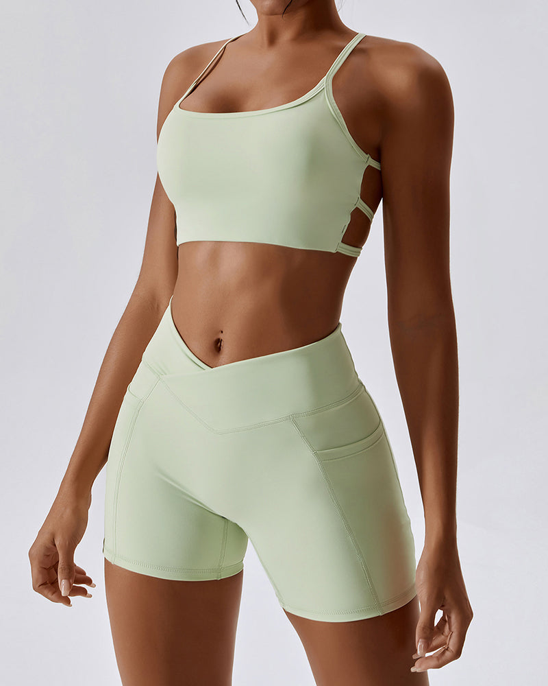 Deep V Neckline Halter Straps Thin Strap Cross Cross Waist No Embarrassing Lines Side Patch Pockets Yoga Two Piece Sets 8-14 Shorts Sets Pants Sets