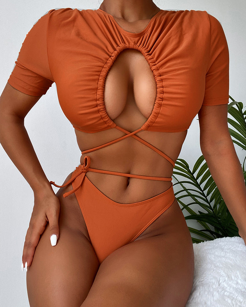 Ladies Fashion New Style Pleated Drawstring Two-Piece Bikini Swimsuit S-L