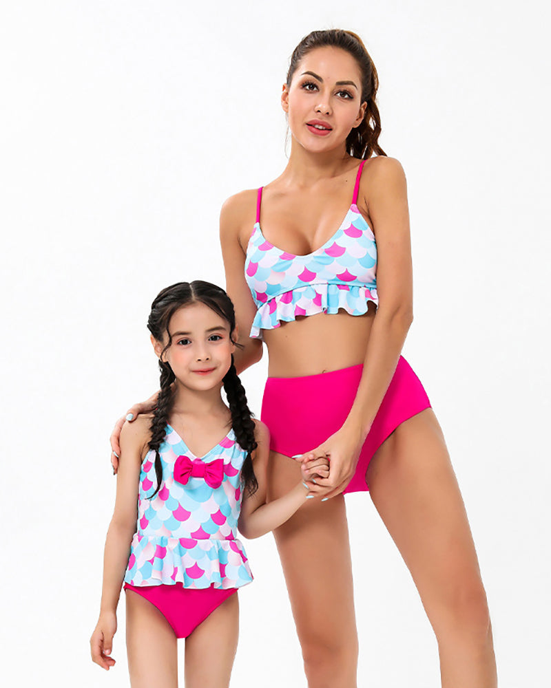 Fashion New Graphic Printed Ruffled Sling Triangle High Waist Two-Piece Bikini Mother and Daughter Swimwear Adult S-Adult XL Child 104-Child 164