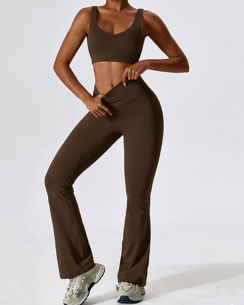 Women Autumn U Neck Bra High Waist Pants Sets Black Brown Green Khaki Apricot S-XL