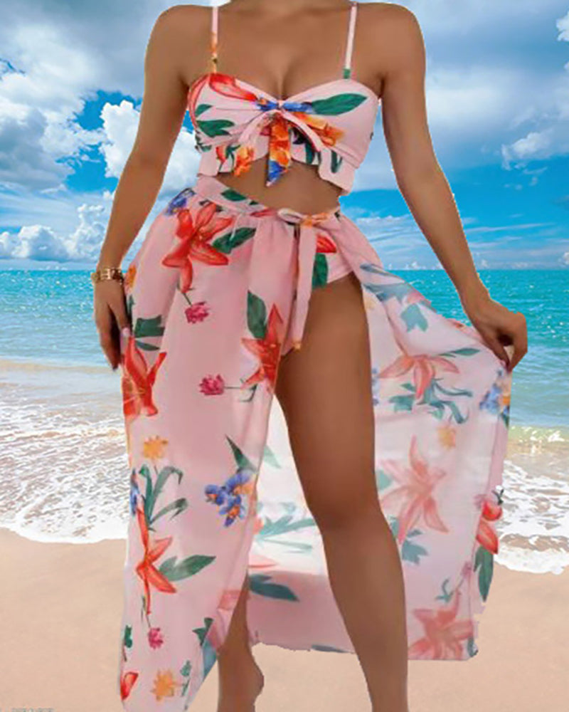 Lady Printing Sexy Beach Three Piece Swimwear Pink Orange Blue S-XL