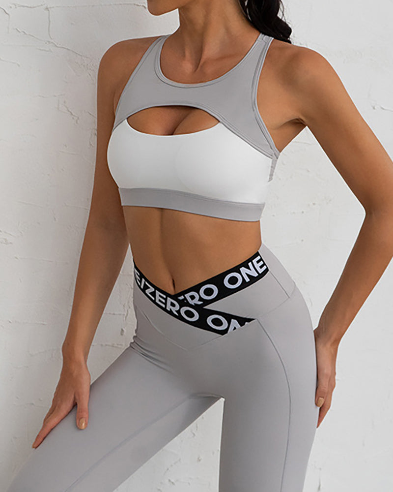 Fitness Active Wear Colorblock Hollow Out Bra Criss Waist Slim Leggings Women Yoga Running Training Wear S-L Pants Sets