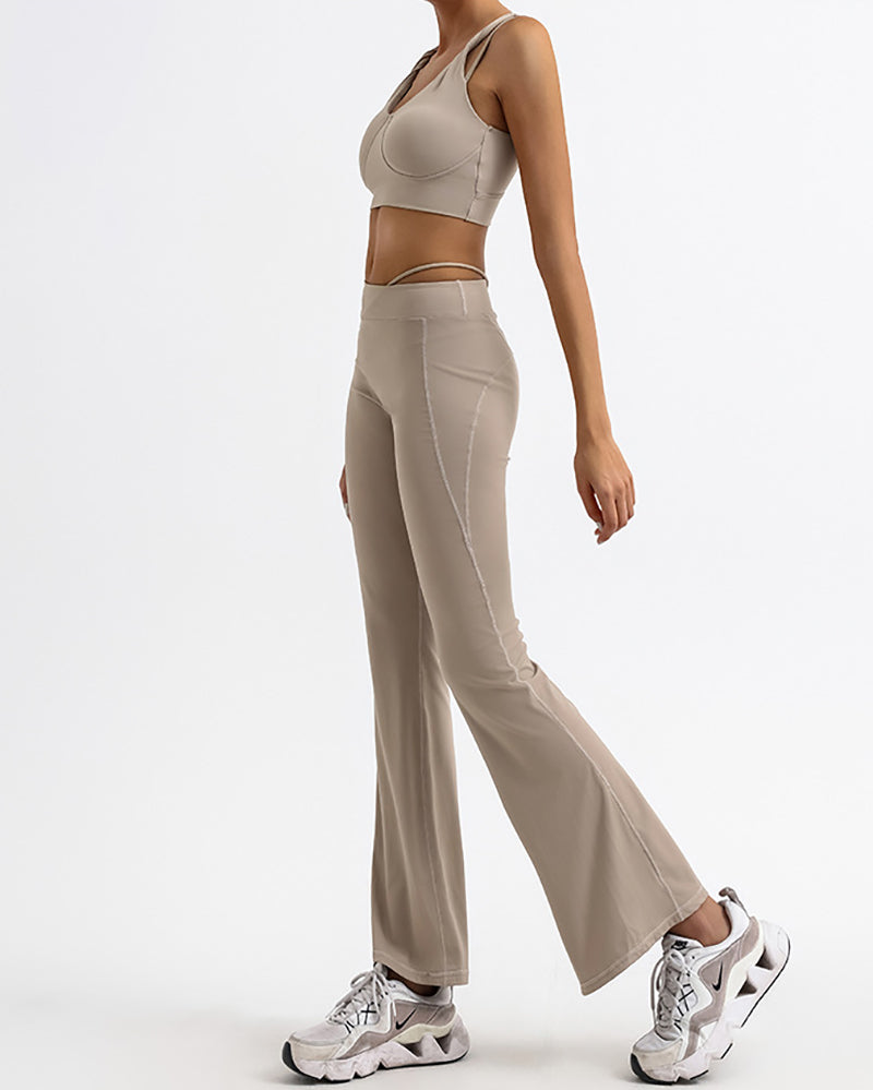 Woman Fitness Running V Neck Bra Wide Leg Pants Yoga Two-piece Suit Orange White Khaki Black S-L