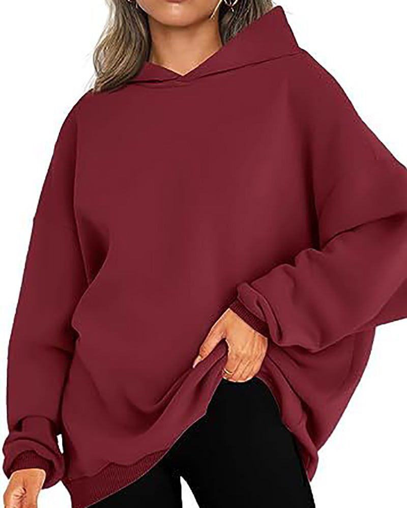 Women Long Sleeve Solid Color Hooded Loose Pullover Tops S-XL