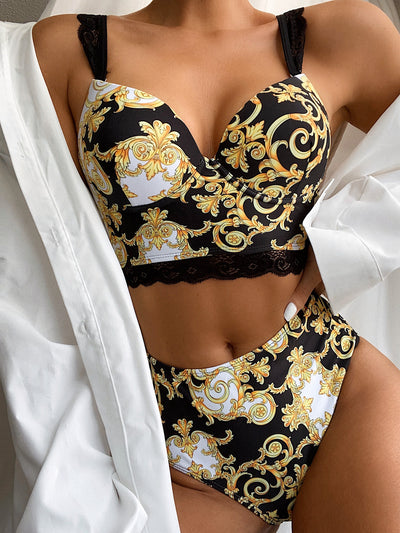 Sexy V-neck Lace High Waist Two-piece Swimsuit Yellow S-L