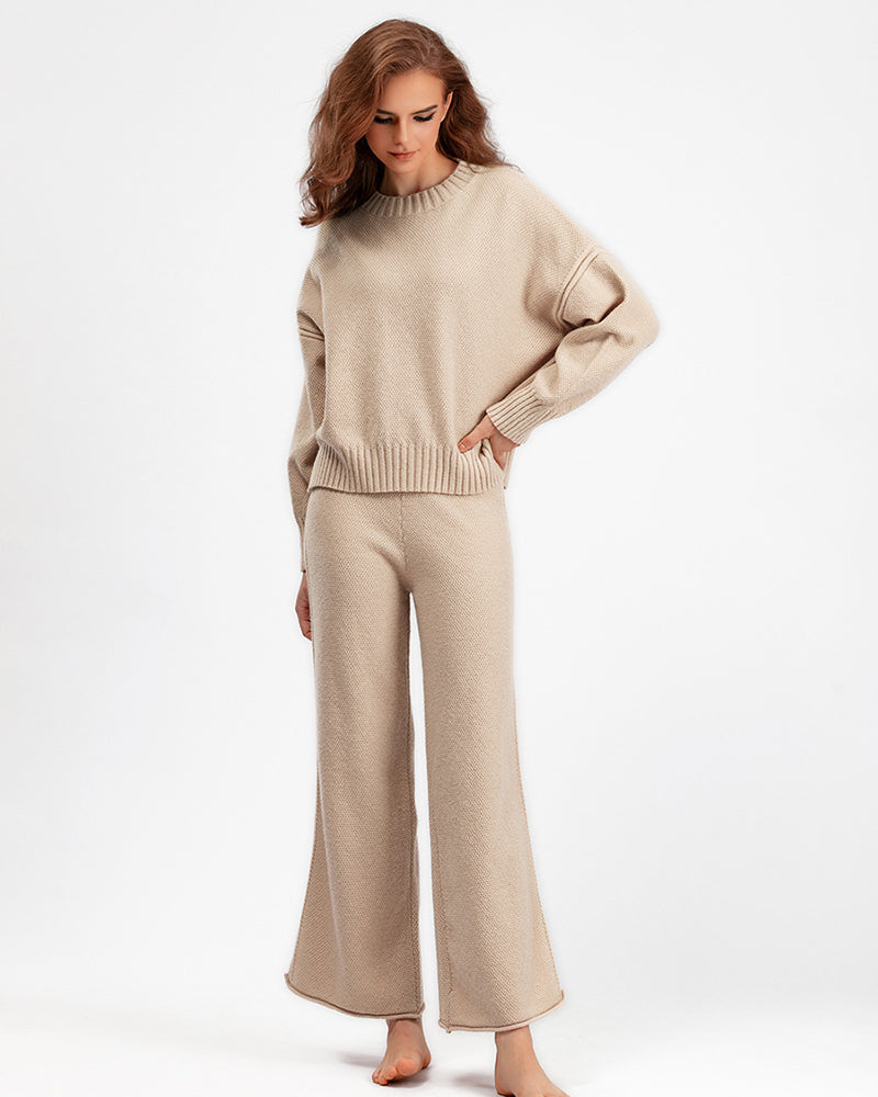 Autumn Winter New Long Sleeve Sweater Wide Leg Knit Pants Casual Wear Two Pieces Set One Size