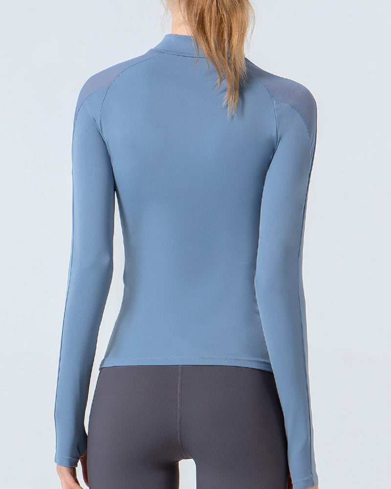 New Sheer Shoulder Long Sleeve Tight Slim Solid Color Fitness Top Blue Pink Red Yellow Black S-2XL