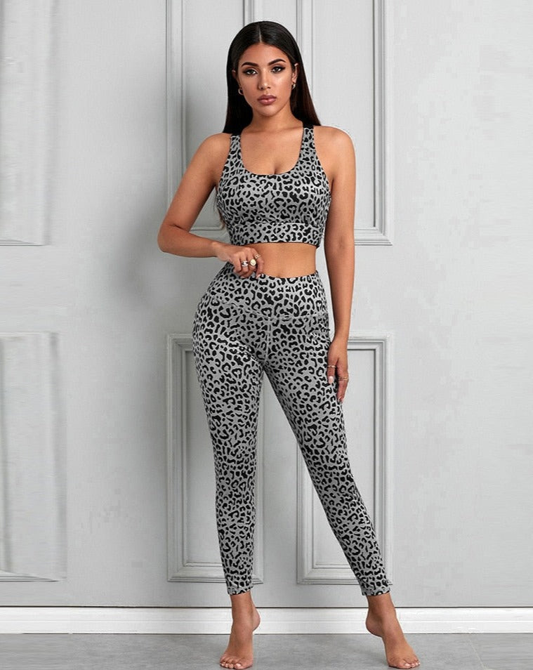 Leopard Print Women Seamless Pants Yoga Set Fitness Sportswear for Women Gym Yoga Suit Sleeveless 2 Piece Yoga Workout Running Clothes OM9269