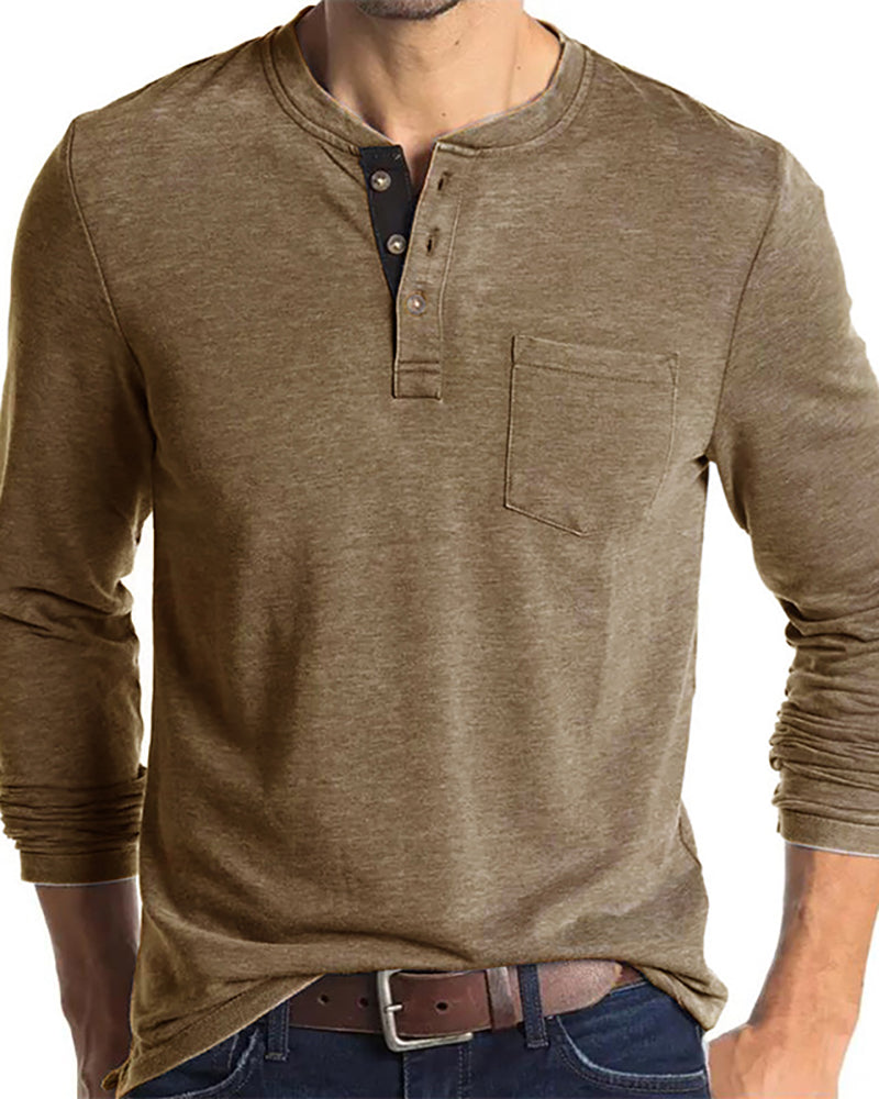 Mens Long Sleeve Button Neck Pocket Solid Color Basic Autumn T-shirt S-2XL