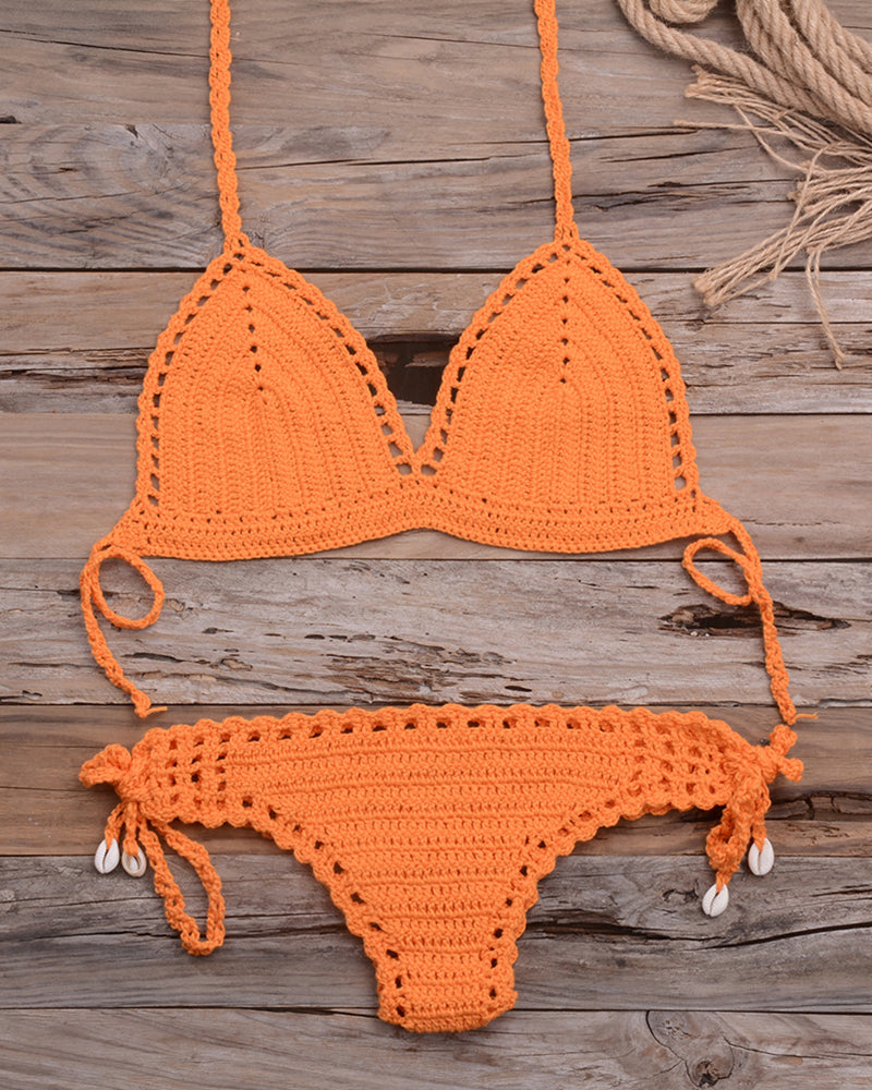 Solid Crochet Bikini Top Summer Shell Sexy Swimsuit Handmade Women Swimwear Suit Boho Beach Wear Knitted Thong Short Bottom OM25963