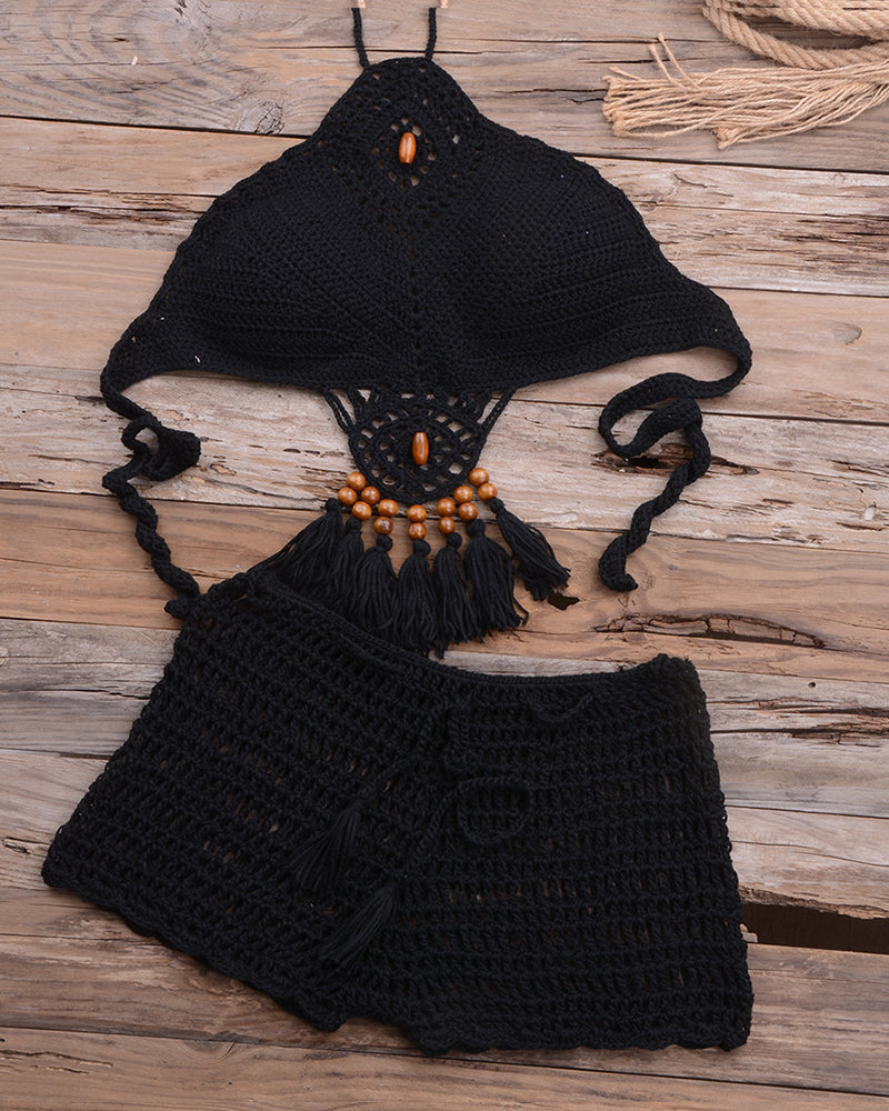 Crochet Bikini Set Push Up Swimwear Halter Bandage Swimsuit High Neck Bikini With Tassel Women Swim Bathing Suit Beachwear OM25959
