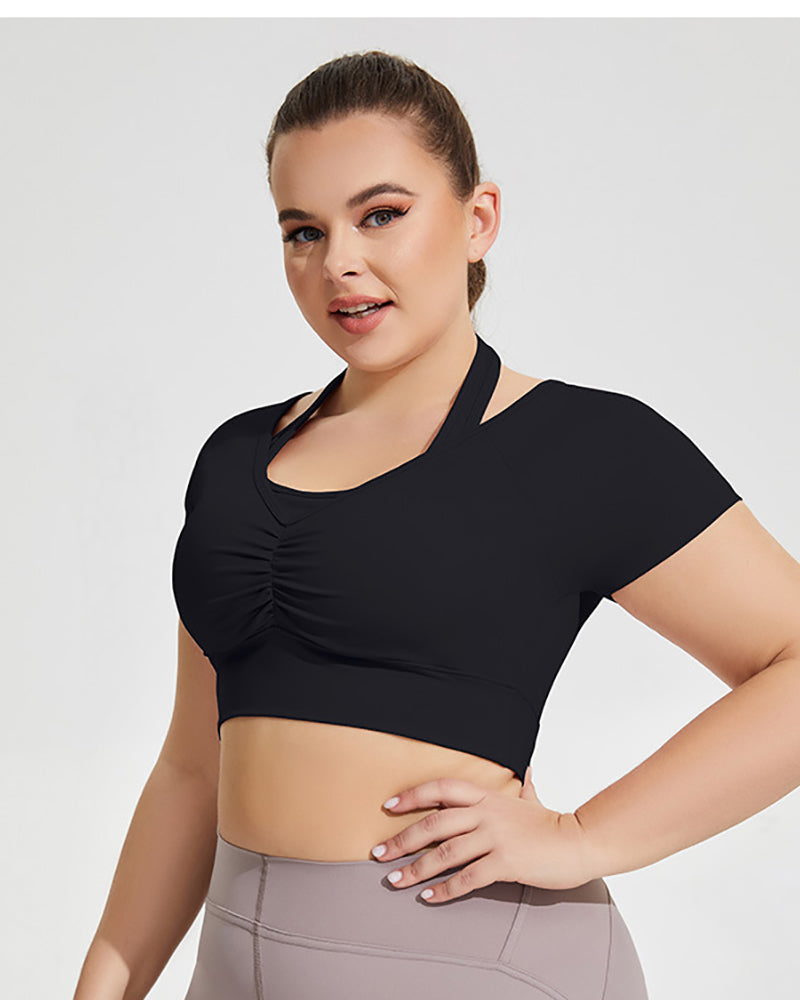 Woman Halter Neck Short Sleeve Plus Size Sports Bra Crop Top Pink Aprocit Black XL-4XL