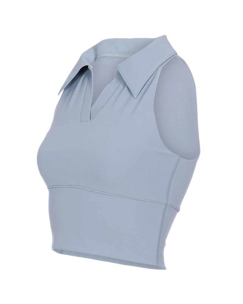 Women Breathable High Elastic Polo Neck Tennis Vest With Pad White Blue Black Beige S-L