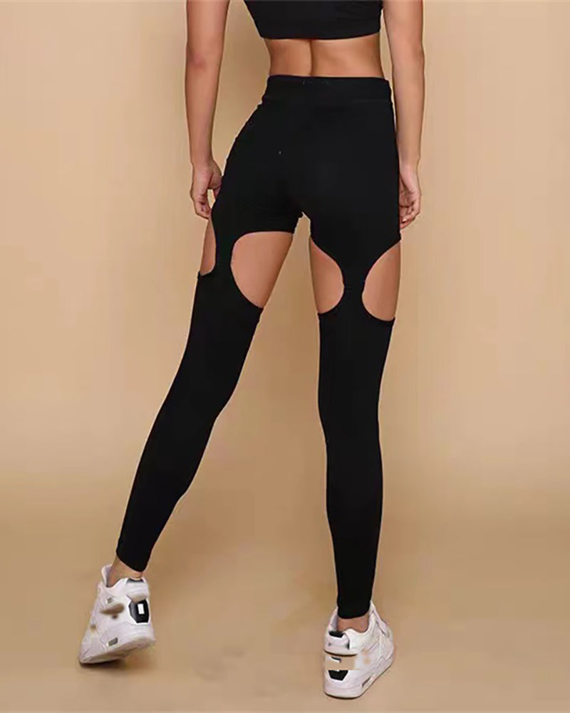 High Waist Yoga Hollow Out Hips Lift Fitness Pants Leggings Black Blue S-XL