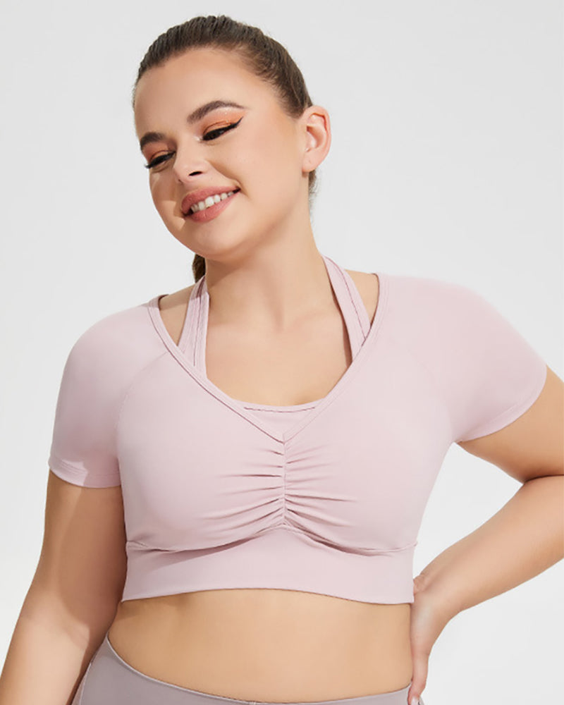 Woman Halter Neck Short Sleeve Plus Size Sports Bra Crop Top Pink Aprocit Black XL-4XL