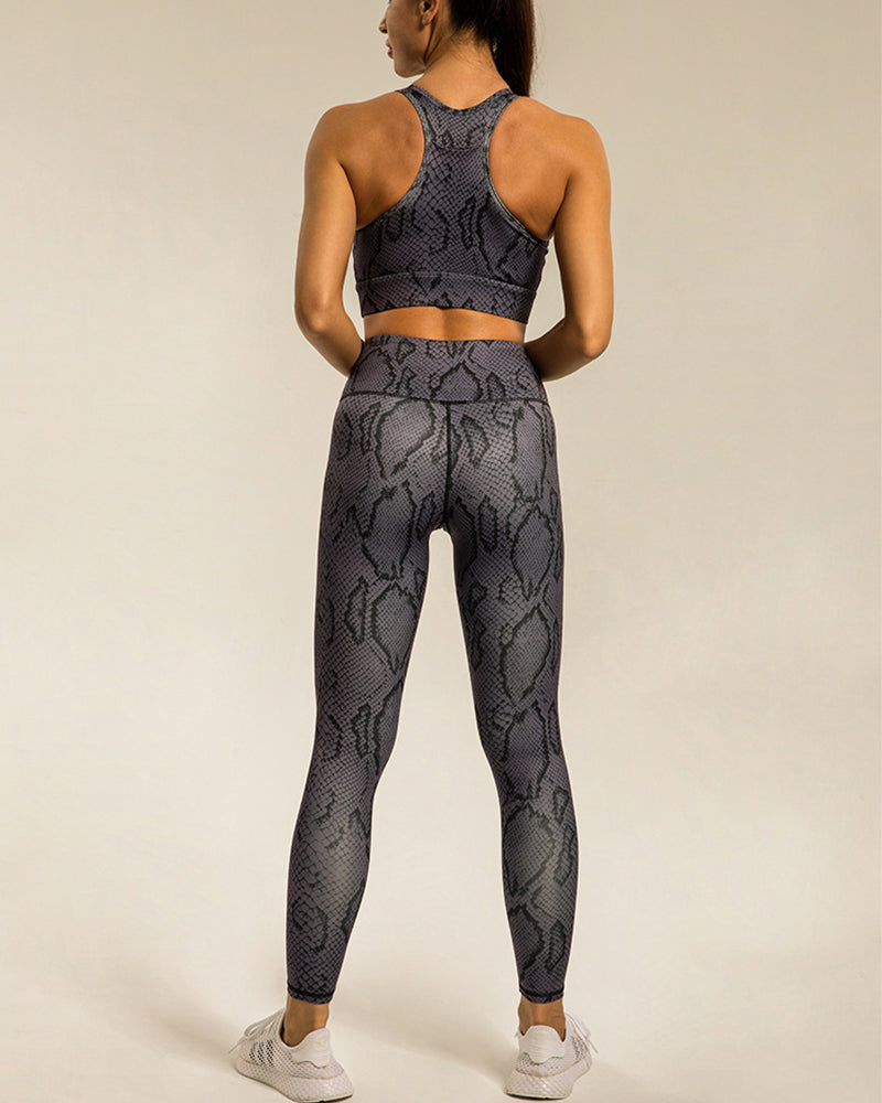 Popular Snake Print Yoga Two-piece Sets White Khaki Deep Gray S-L Pants sets