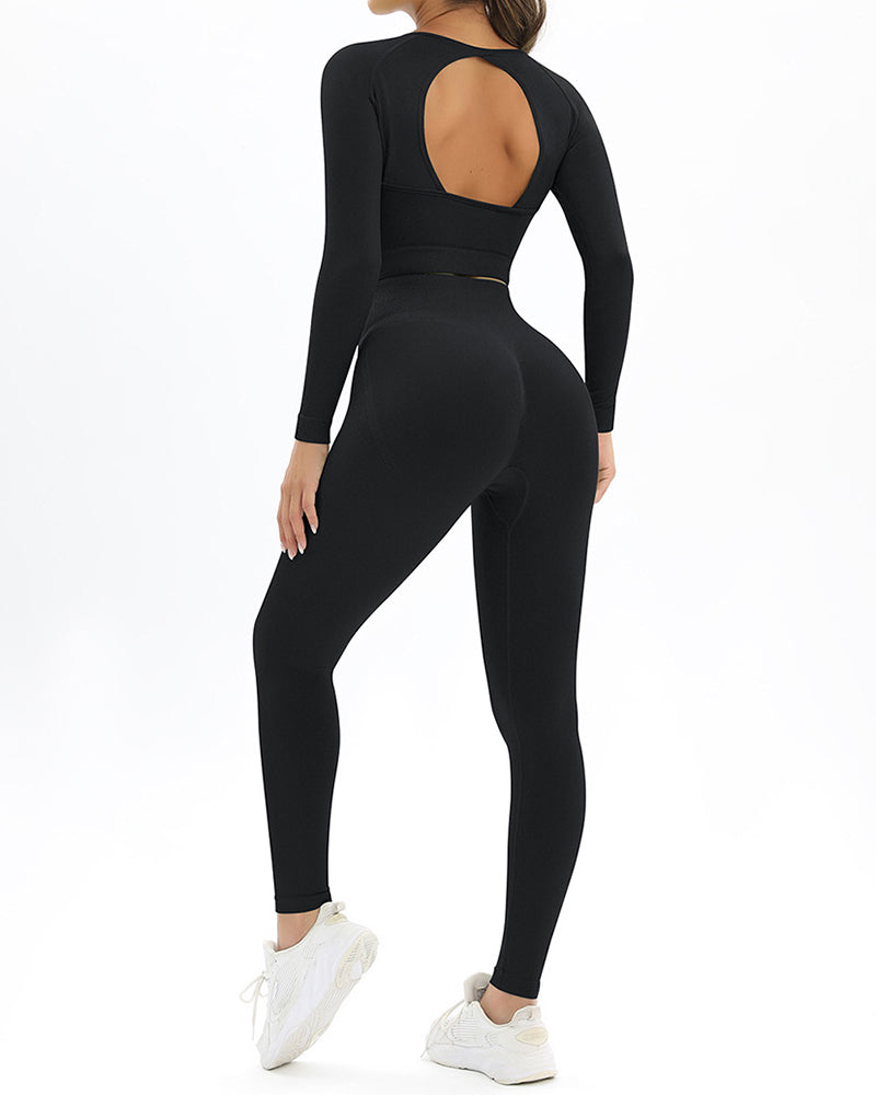 Long Sleeve Solid Color Backless Yoga Two-piece Set S-L Pants Sets