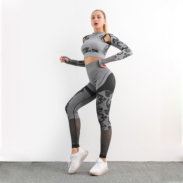 Autumn Seamless Camo Print Sports Yoga Set Sheer Mesh Patchwork Gym Pants Fitness Long Sleeve Leggings Tracksuit Training Clothing OM9316