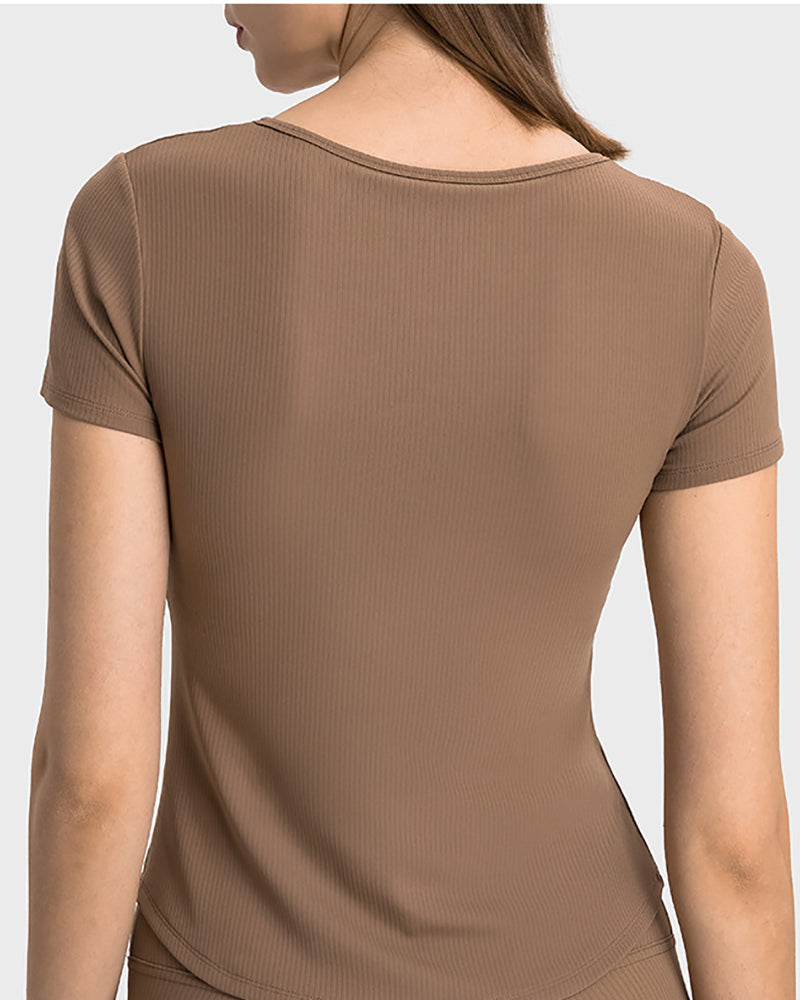 Women V-Neck Ruched Solid Color Short Sleeve Slim Yoga Tops 4-12