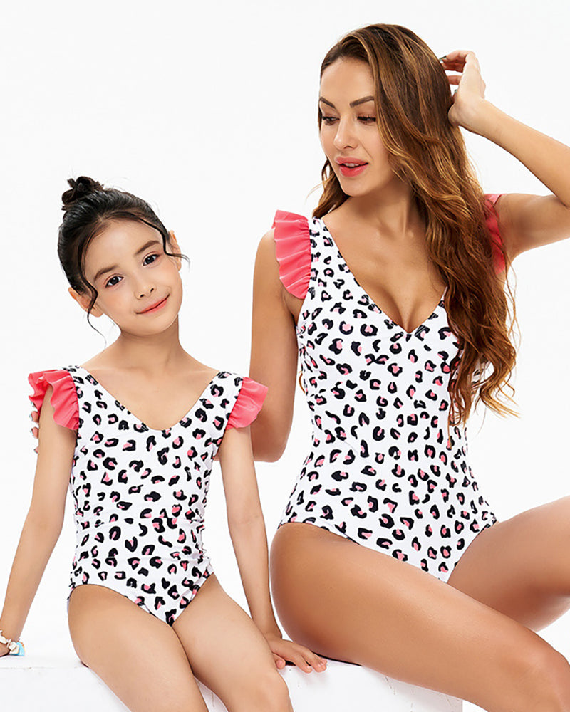 New Fashion Sexy Leopard Printed Ruffled Shoulder Open Back One-Piece Mother and Daughter Bikini Swimsuit Adult S-Adult XL Child 104-Child 164