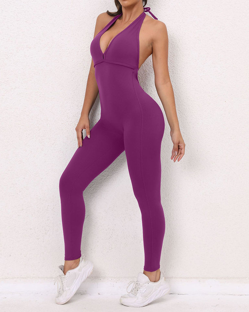 Women Halter Neck Backless Ruched Hips Yoga Jumpsuit Sports Wear S-L