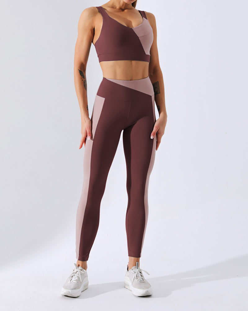 New Contrast Color Stitching Fitness Suit Long Sleeve Yoga Suit Sports Fitness Suit Two Piece Set S-XL Leopard Print Seamless Yoga Pants Sports Bra Fitness Wear Yoga Wear Women&