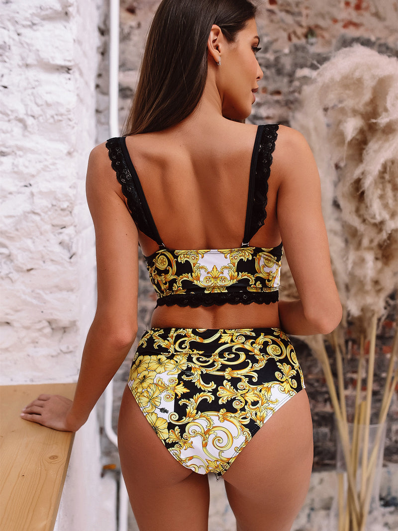 Sexy V-neck Lace High Waist Two-piece Swimsuit Yellow S-L YY10270