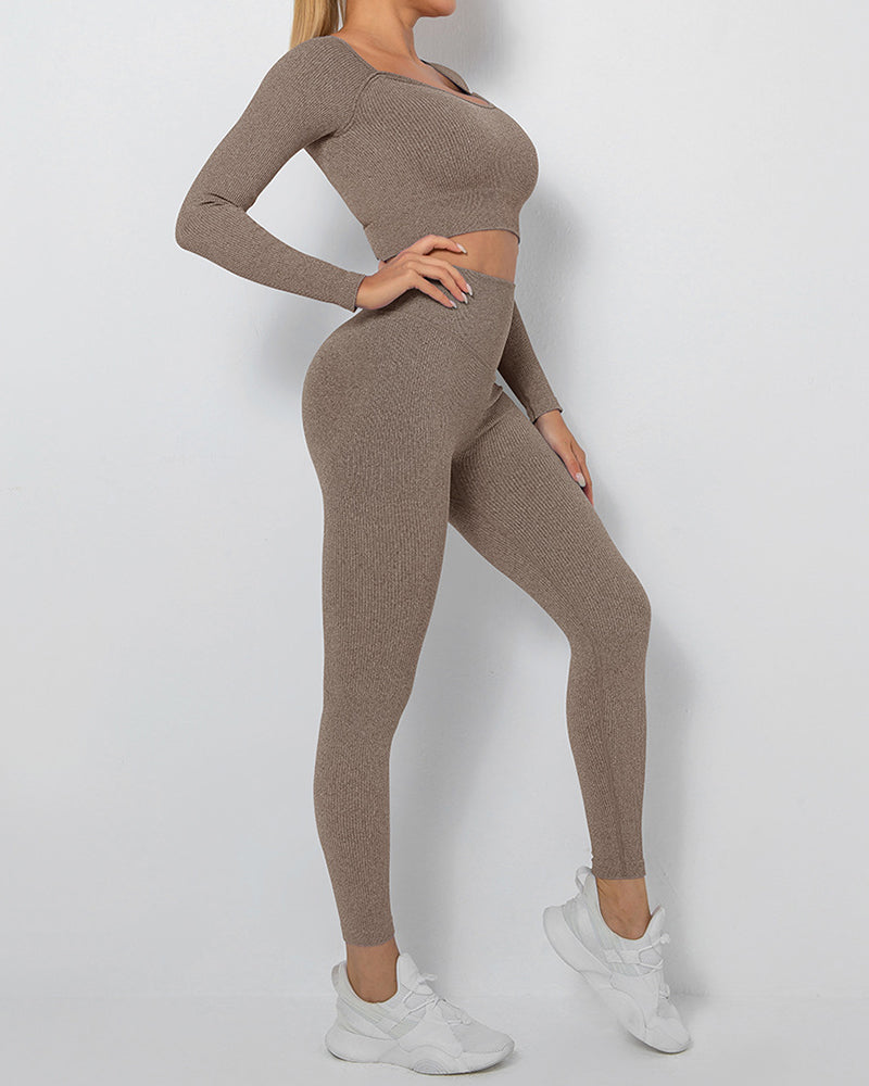 Yoga Seamless Fitness Wear Long Sleeve Sports Suits Two-piece Sets S-L Pants Sets