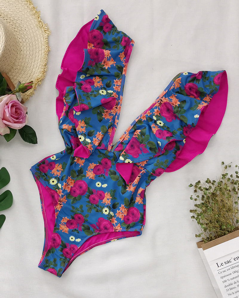 Sexy Swimwear Flounces Printed One-piece Swimsuit