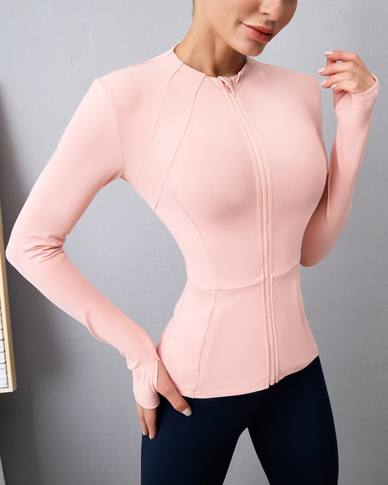 Round Neck Workout Longsleeved Zipper Tight-Fitting Slimming Sports Jacket Yoga Solid Color S-XL