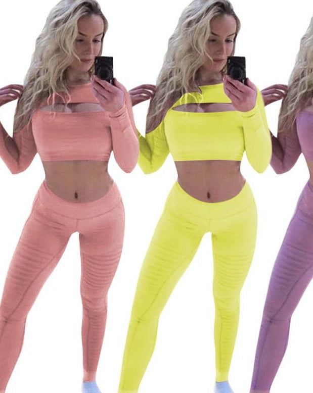 Hollow Out Mesh Sleeve Show Waist Women Sporty Two pieces Outfit